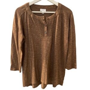 J. Jill Women's Brown Linen-Blend 3/4 Sleeve Henley Blouse Size XS